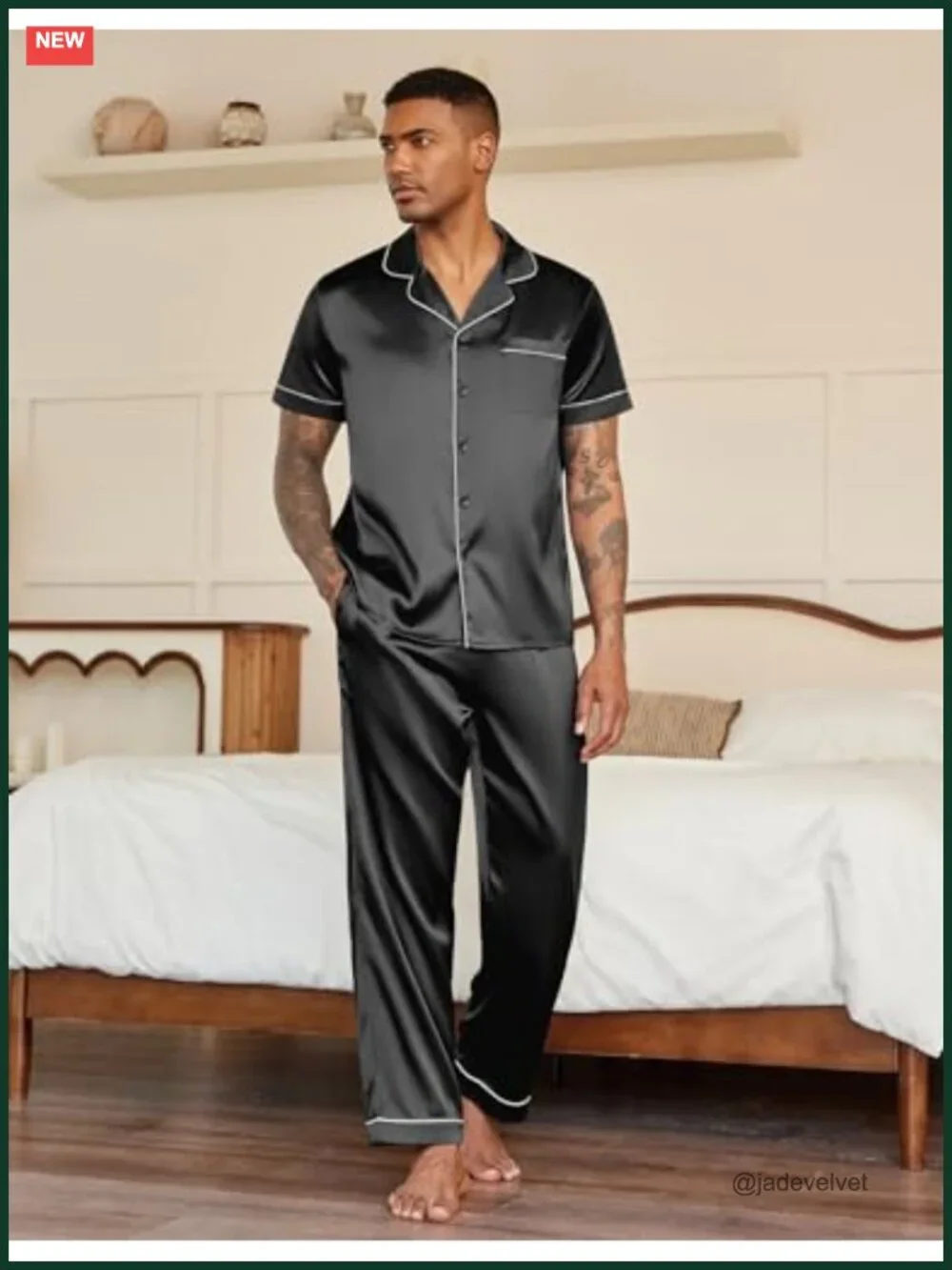 Mens Satin Pajama Set Short Sleeve Button Down Sleepwear Loungewear with Long